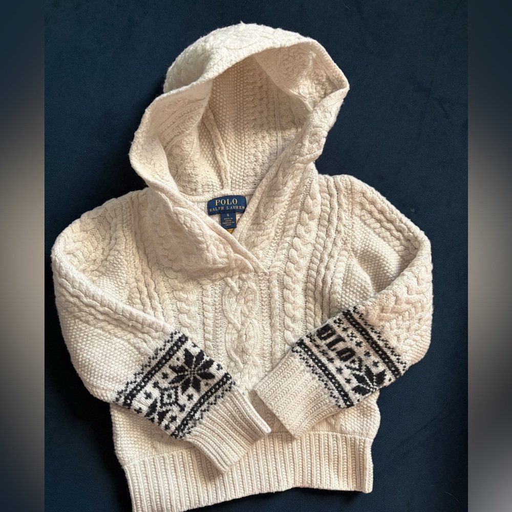 Polo by Ralph Lauren Cream Cable-Knit Hooded Sweater with Fair Isle Cuffs size 6